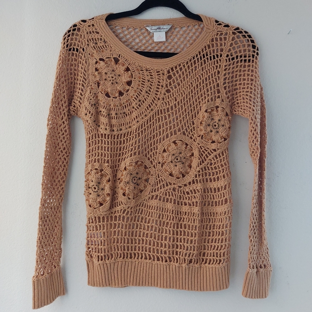 Tommy Bahama Tan Crochet Boho Open Stitch Sweater - image 1